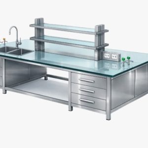 Center island science laboratory table with integrated utility
