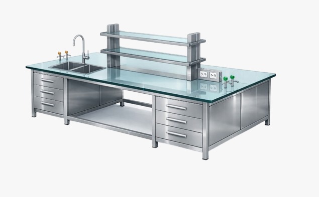 Center island science laboratory table with integrated utility Center island science laboratory table with integrated utility